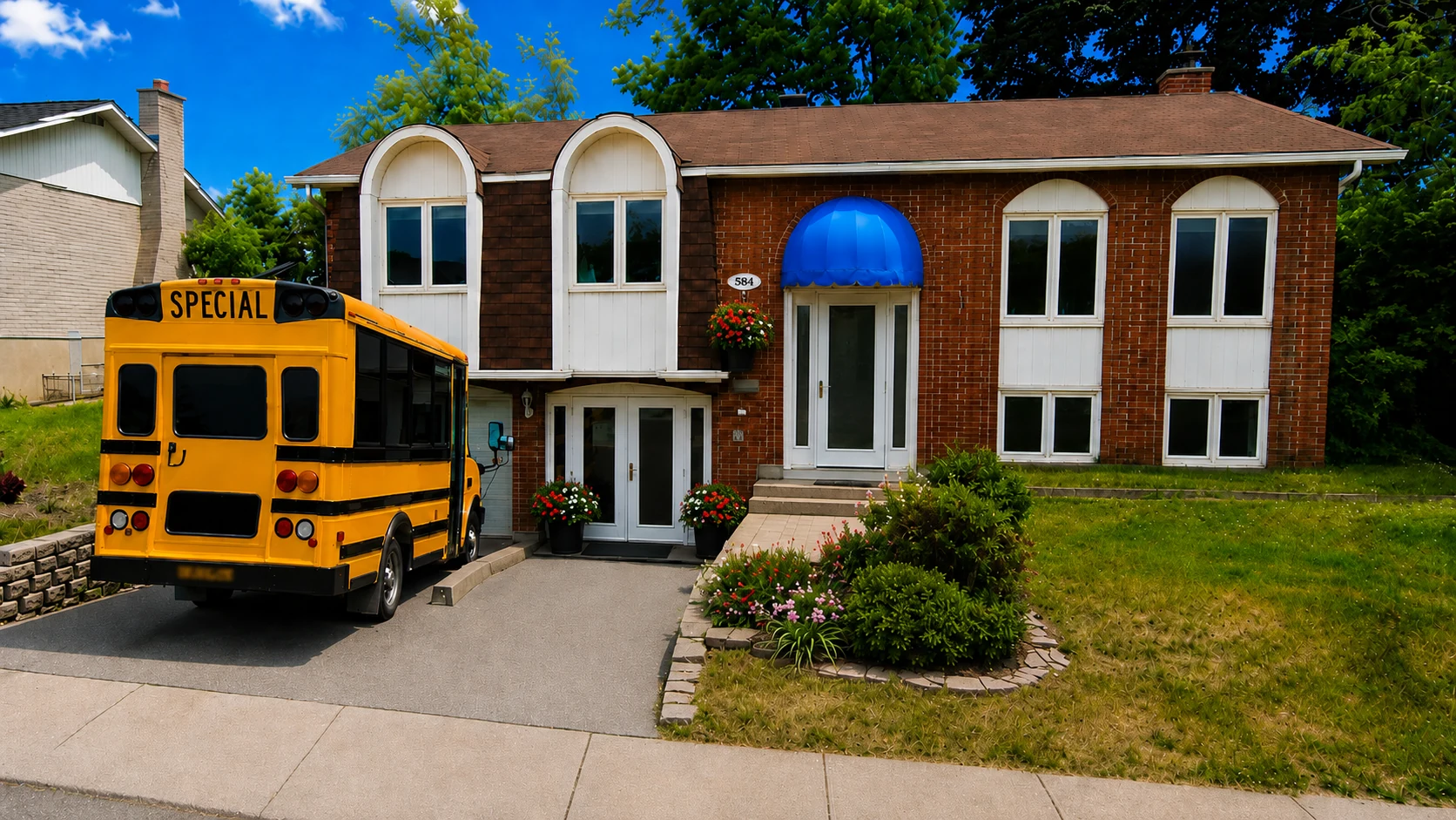 La petite école de mon quartier avec son autobus scolaire devant le bâtiment