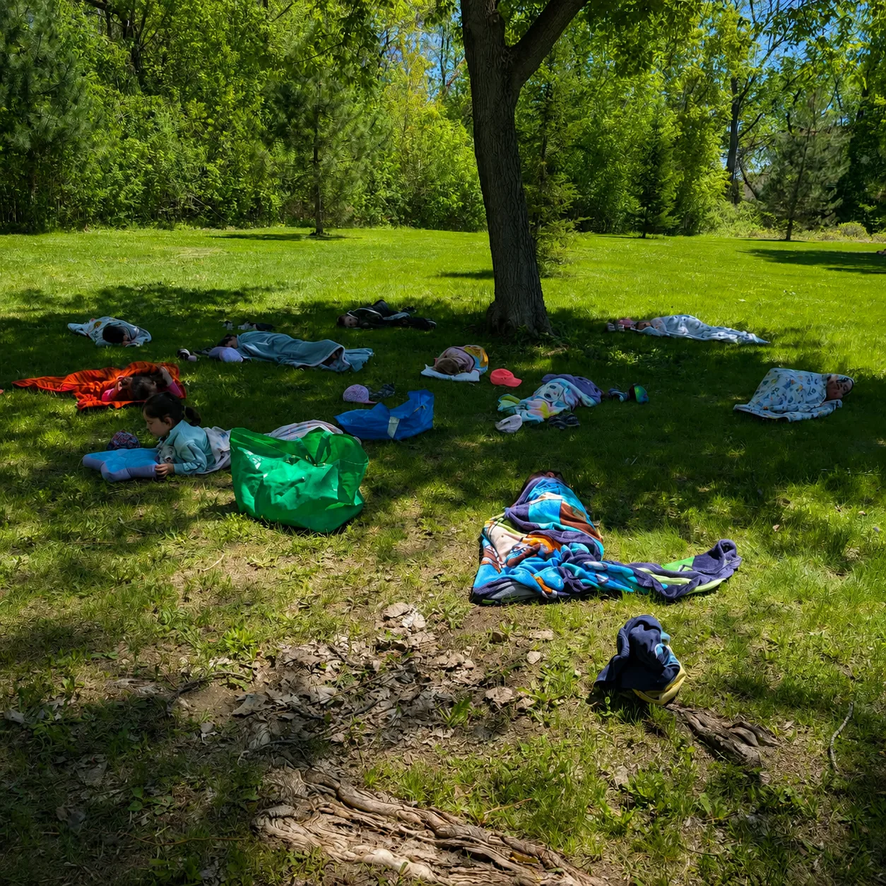 Enfants se reposant dehors à l’ombre des arbres